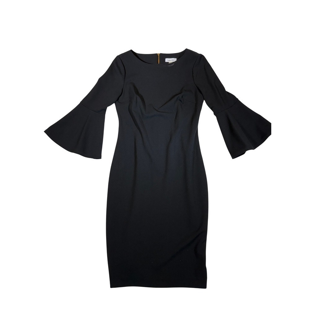 Calvin Klein Womens Black Bell Sleeve Sheath Dress Size 4 Gold Zipper